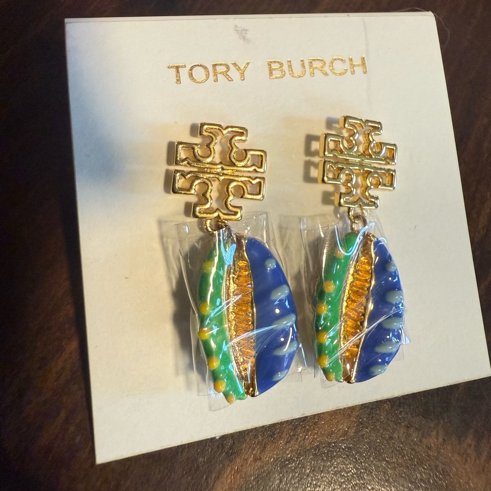 Tory Burch Gold Earrings with Blue and Green Shell